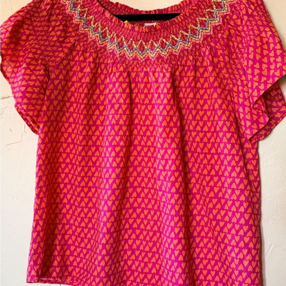 Ivy Jane Smocked Neck Pink Heart-Print Blouse size M preppy upscale - Picture 1 of 7